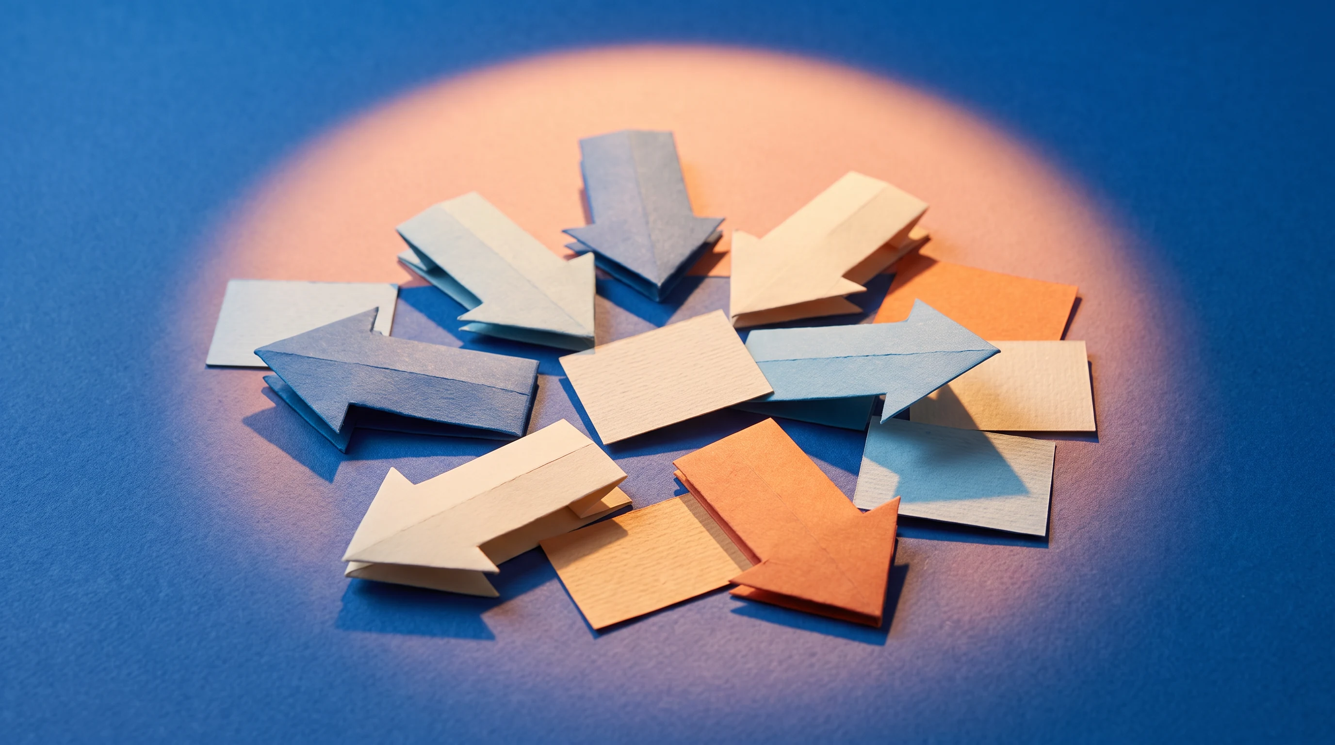Abstract blank cue cards arranged in a spotlight