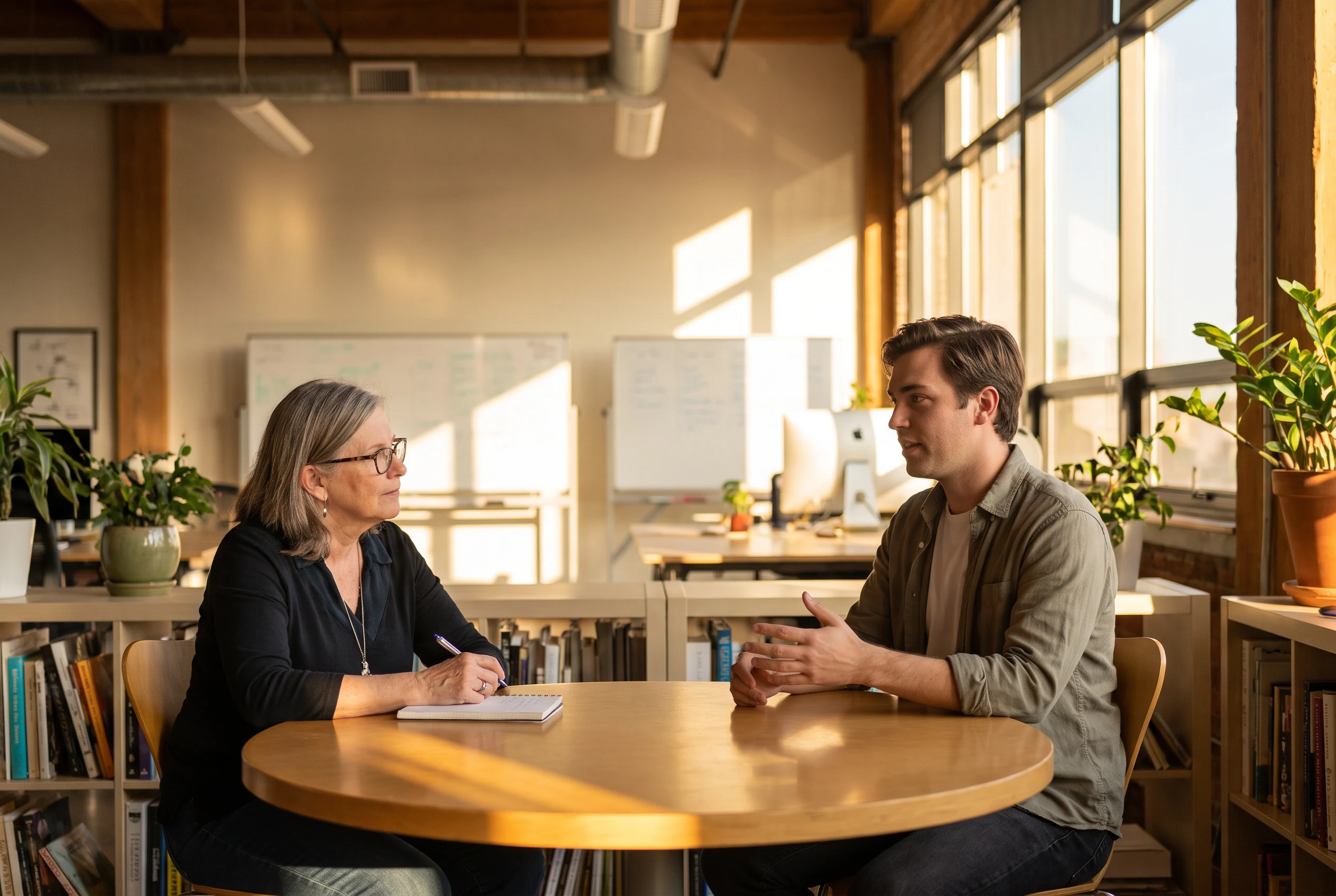 Two people in a focused professional conversation