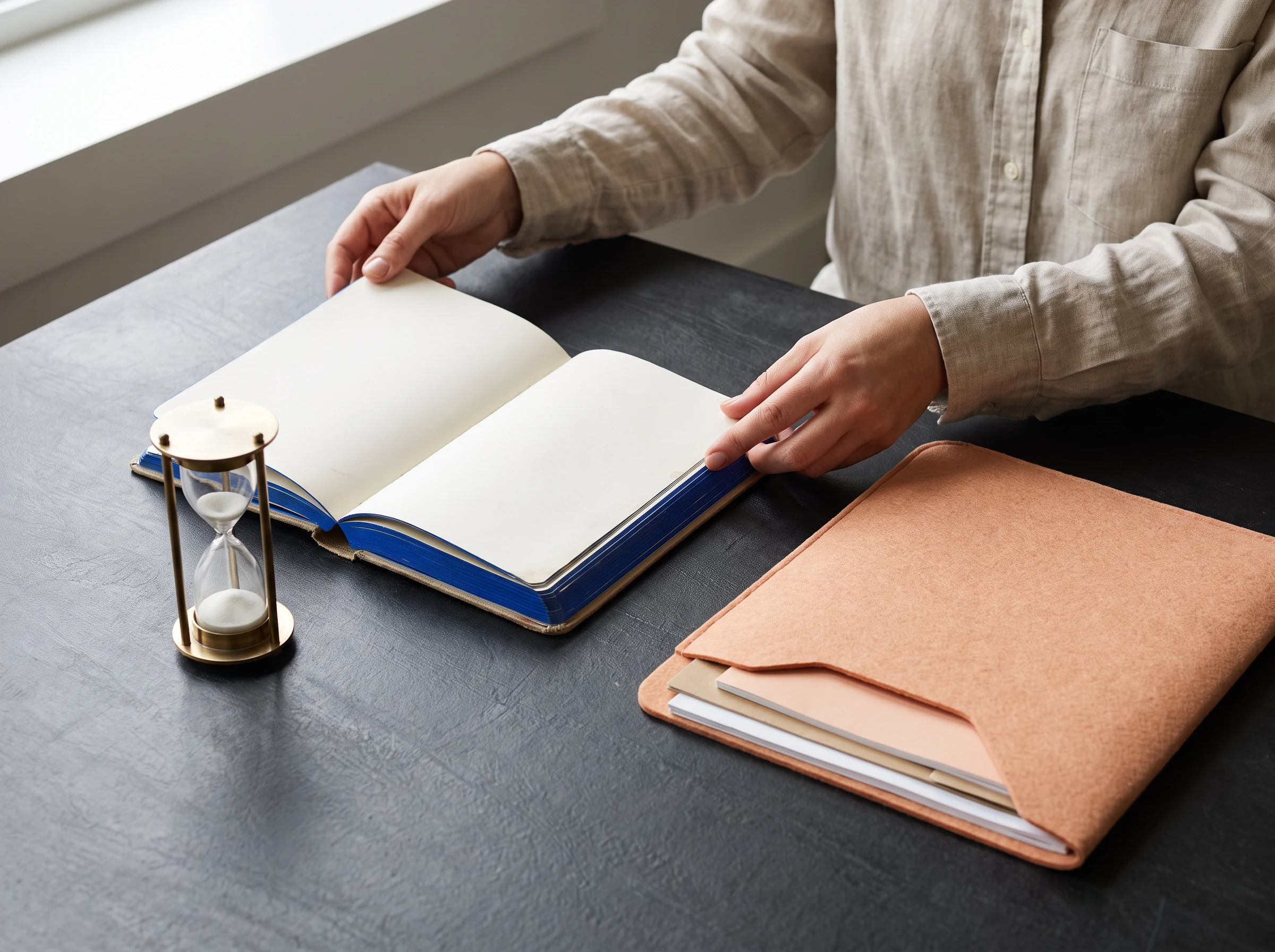 Notebook and timer on a studio table