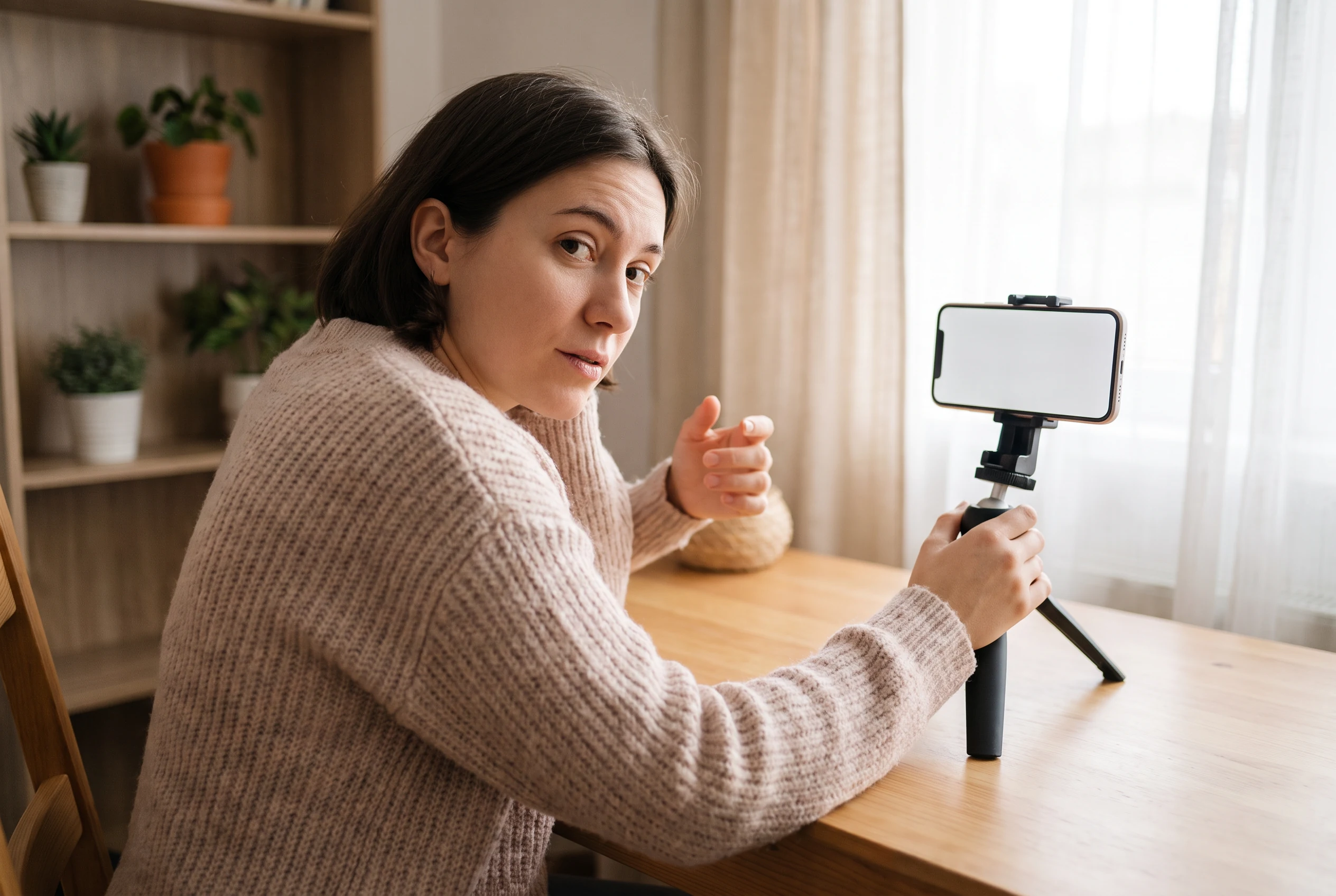 Person practicing a presentation response on a phone
