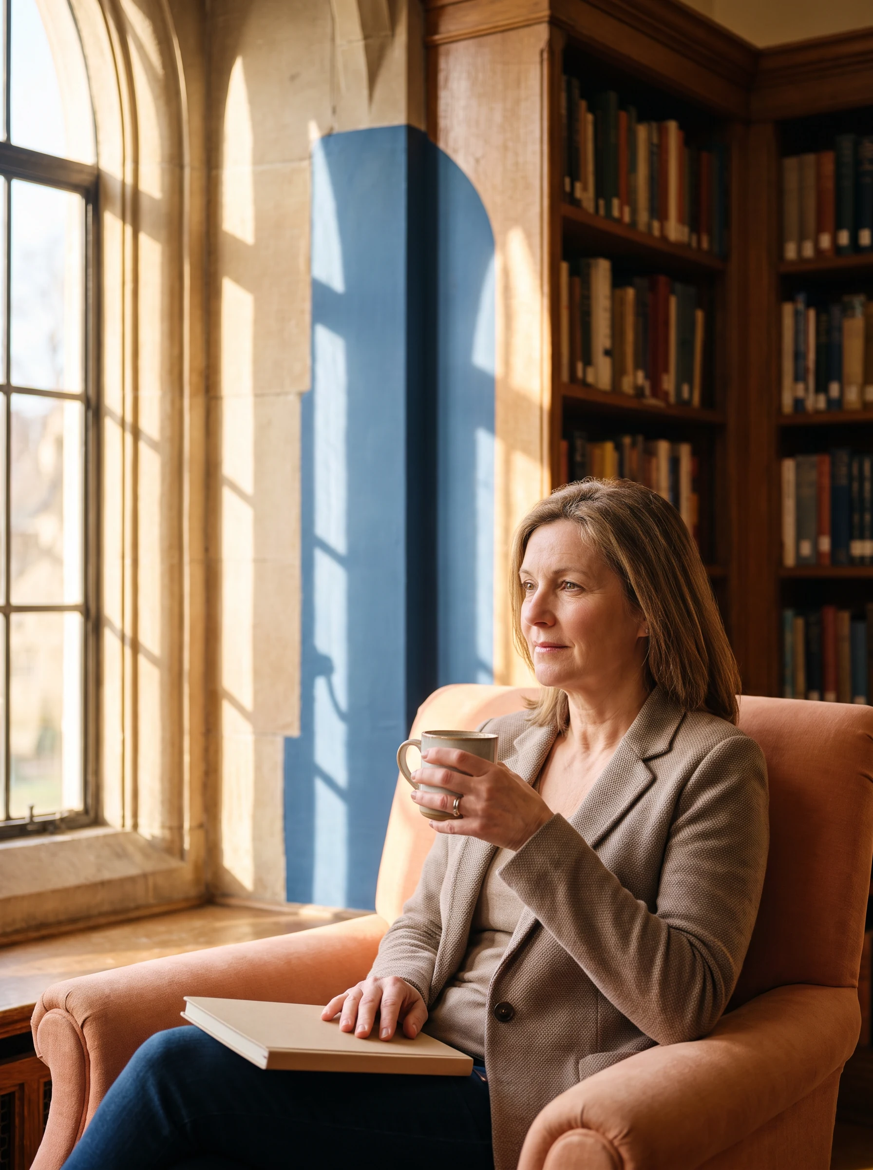 Professional sitting thoughtfully in a library corner